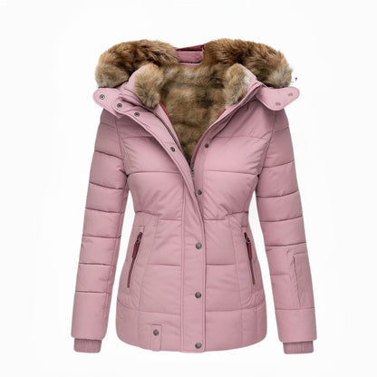 Dames winterjas roze met bont capuchon front view