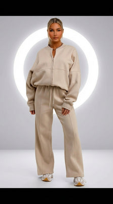 Bomber Sweatshirt Met Rits En Jogger Set Beige | Loungewear Dames