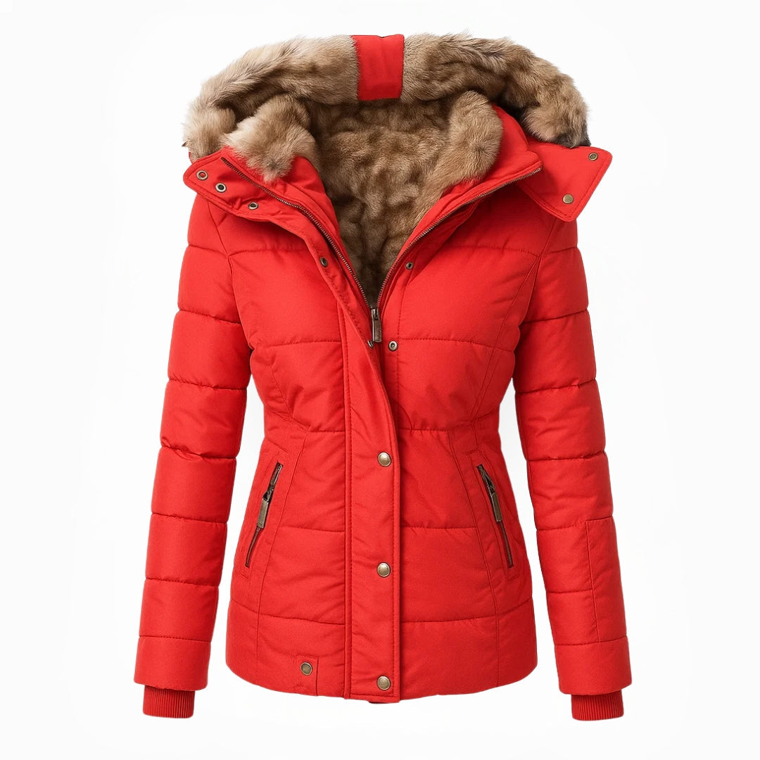 Dames winterjas rood met bont capuchon front view