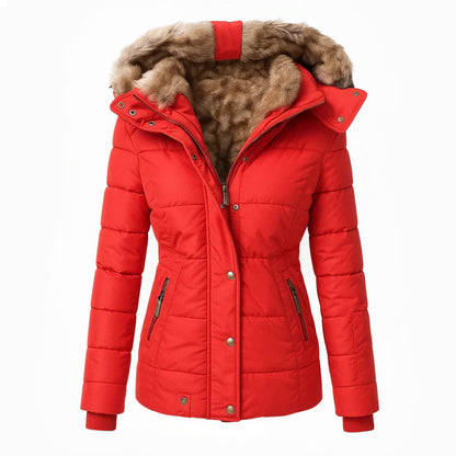 Dames winterjas rood met bont capuchon front view