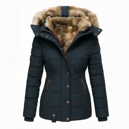 Dames winterjas donkerblauw met bont capuchon front view
