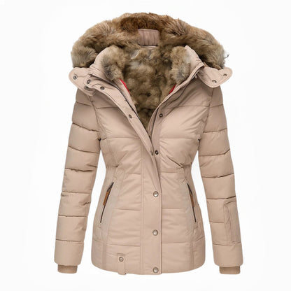 Dames winterjas beige met bont capuchon front view
