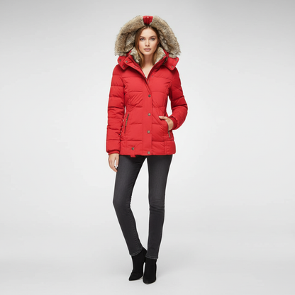 Dames winterjas rood met bont capuchon front view