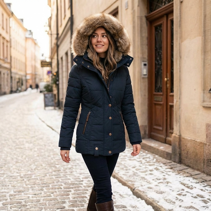 Dames winterjas donkerblauw met bont capuchon en ritsen front view