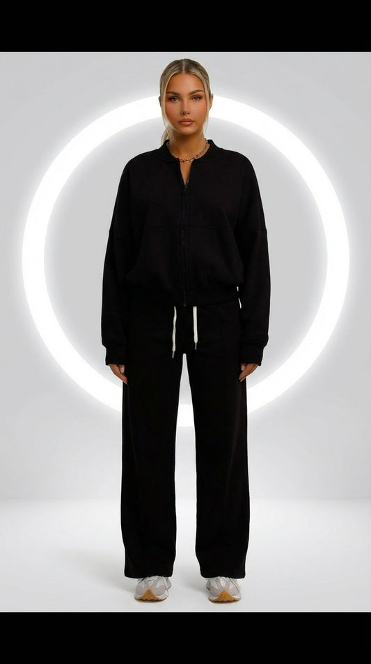 Zwarte Bomber Sweatshirt Met Rits En Jogger Loungewear Set