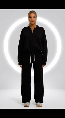 Zwarte Bomber Sweatshirt Met Rits En Jogger Loungewear Set