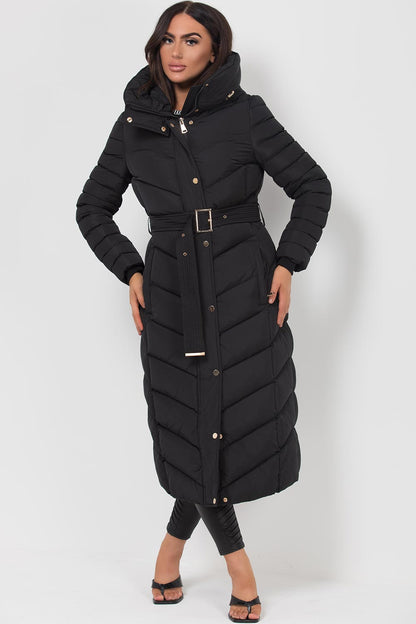 Lange Puffer Jas Dames Met Riem | Gewatteerde Winterjas Zwart