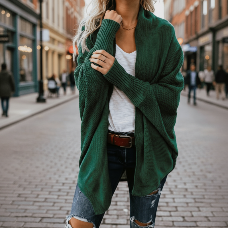 Trui met vleermuismouwen groen gebreid voorbeeld
