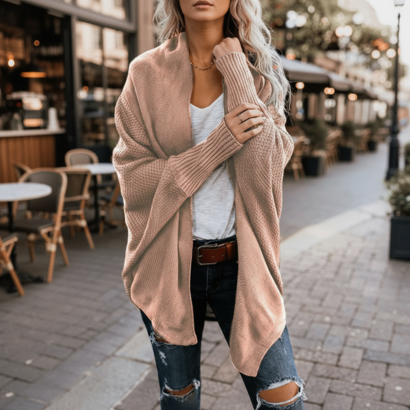 Trui met vleermuismouwen roze gebreid voorbeeldopname