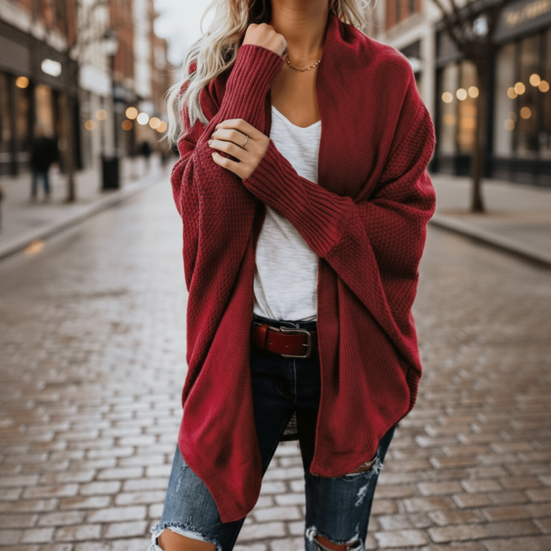 Trui met vleermuisvormige mouwen rood gebreid vooruitschot