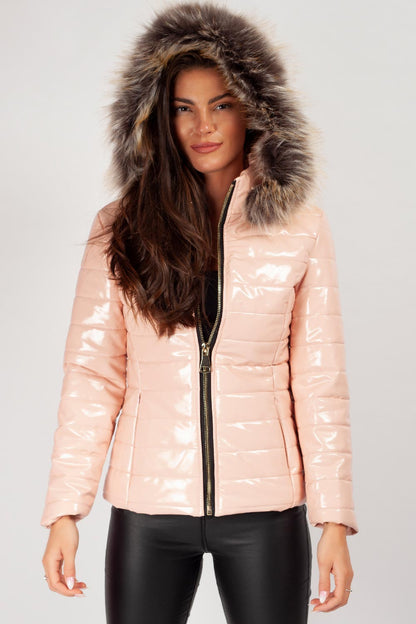 Puffer Jas Dames Zwart Glanzend | Wet Look Winterjas Met Capuchon