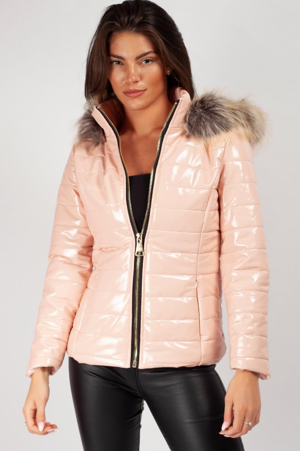 Puffer Jas Dames Zwart Glanzend | Wet Look Winterjas Met Capuchon