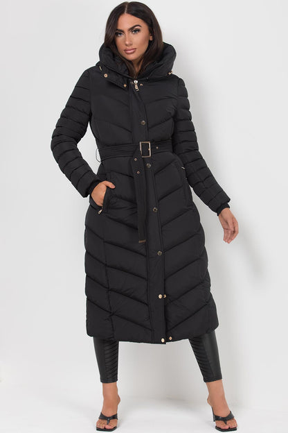 Lange Puffer Jas Dames Met Riem | Gewatteerde Winterjas Zwart