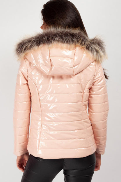 Puffer Jas Dames Zwart Glanzend | Wet Look Winterjas Met Capuchon