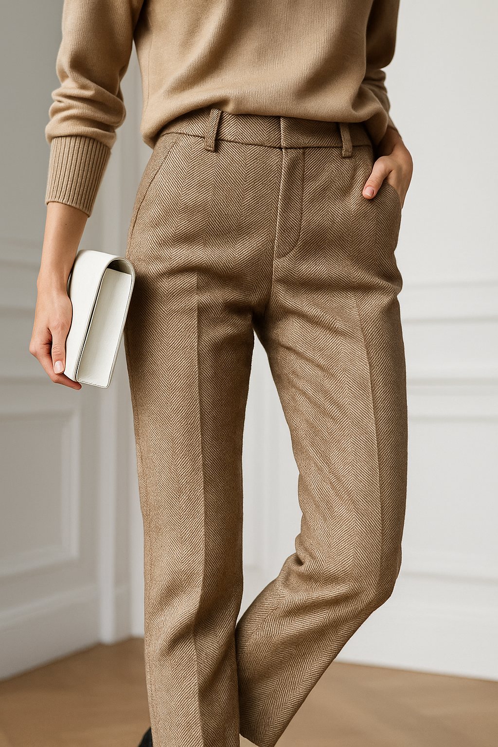 Klassieke wol broek beige met herringbone patroon zijprofiel