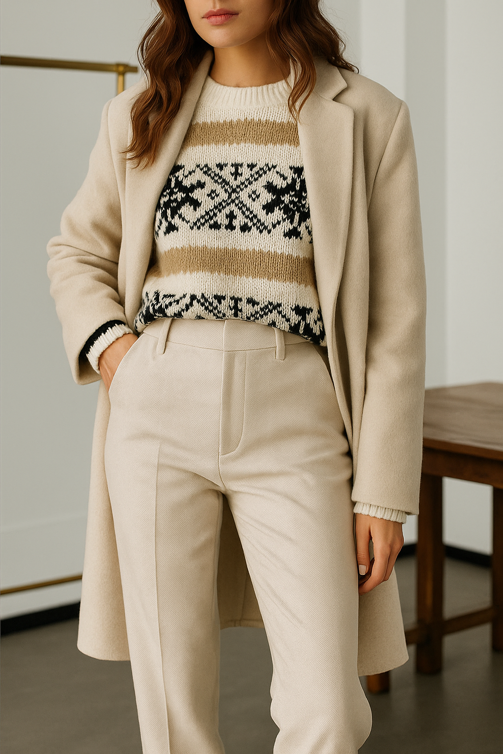 Wollen broeken voor dames beige met jas en trui detail