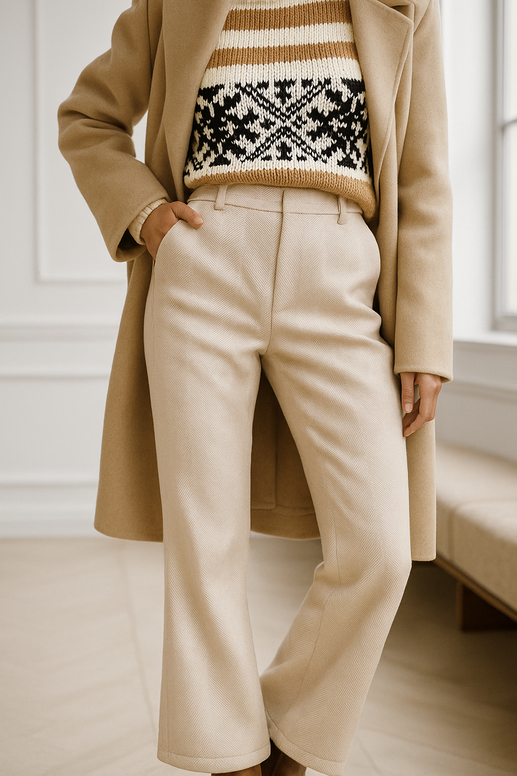 Klassieke wol broeken beige met gestreepte trui en jas, front view